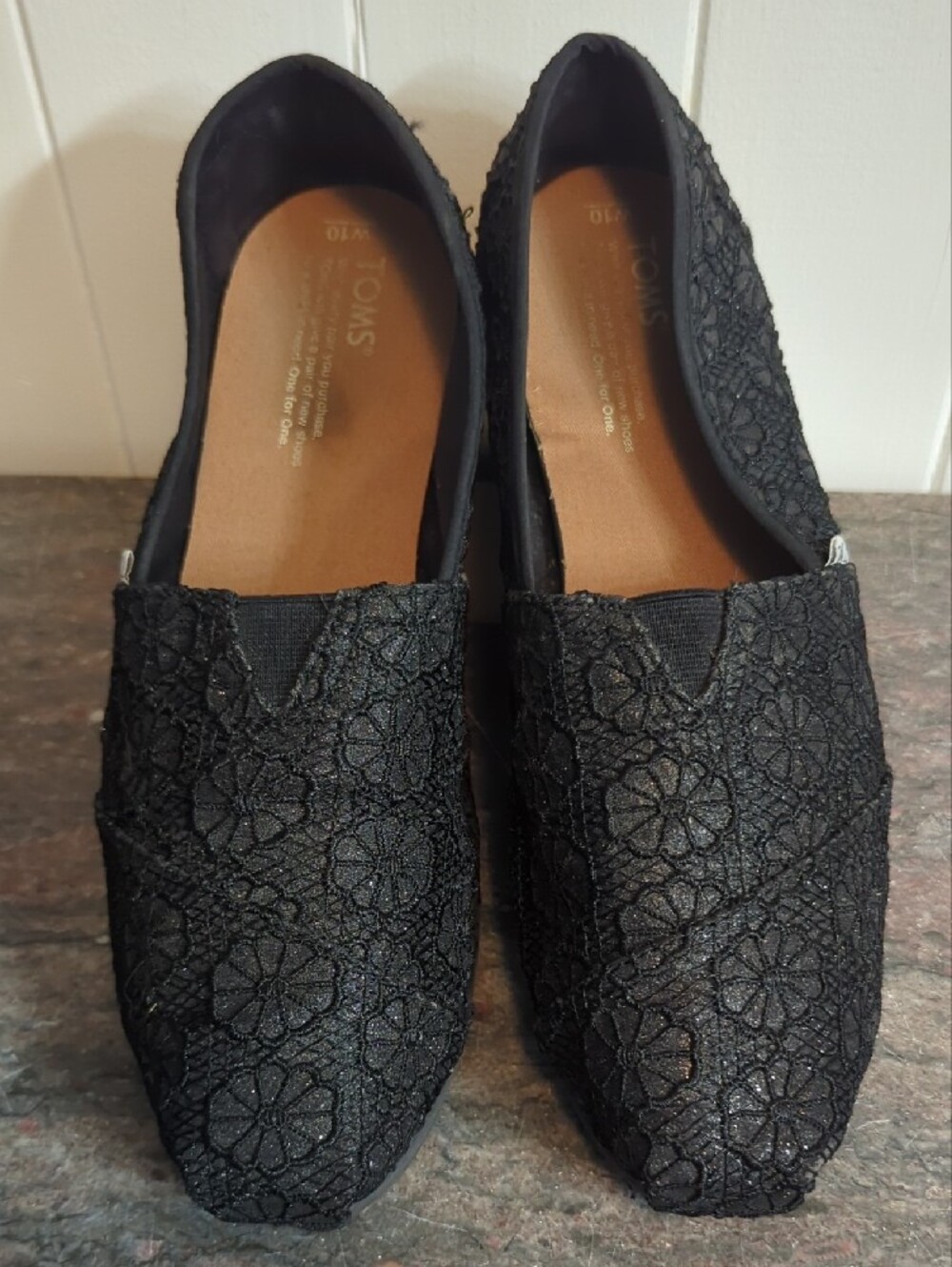 Toms Black Floral Lace Slip-On Flats